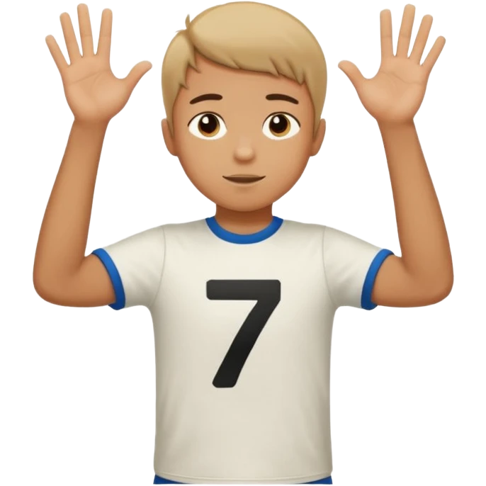 Boy doing 67 with hands in the air up to his chest and he is holding 6 in one hand and seven in the other emoji