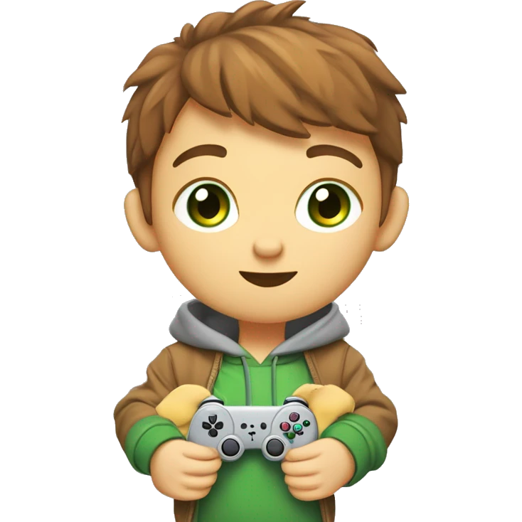 Young cartoon character,
short chestnut hair, green eyes,
grey hoodie, holding controller,
gaming items around, giraffe nearby,
lion cub, playful expression, cool style,
modern look, green background emoji