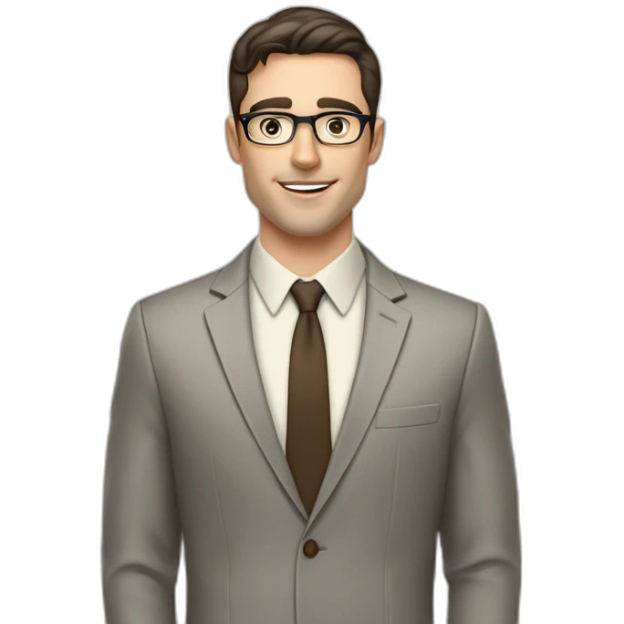 Pale skinned fit man with dark brown hair in gray jacket, beige office shirt, brown tie, brown pants and vintage glasses Writing text on a marker board emoji