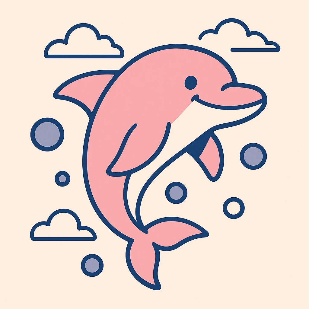 smiling pink dolphin jumping through bubbles, street art cartoon style emoji