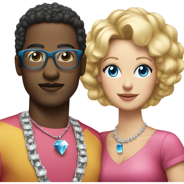 black man with black afro and glasses and wearing a red shirt standing next to a white woman with blonde hair with blue eyes wearing a pink dress and a big diamond necklace emoji