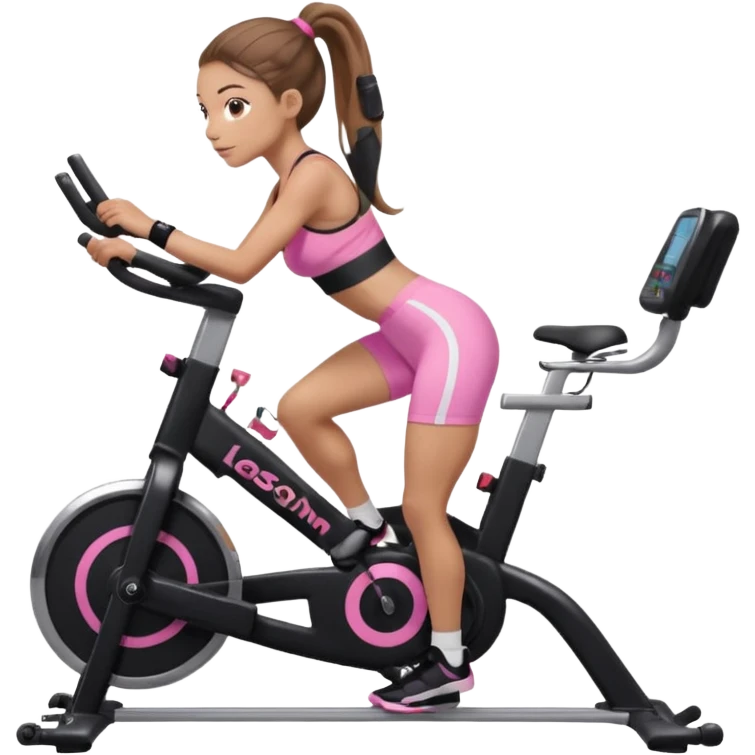 Light skin girl with long light brown hair in a pony tail, black workout set leaning on a indoor spin bike with NO HELMET, can we add a pink sports bra  emoji