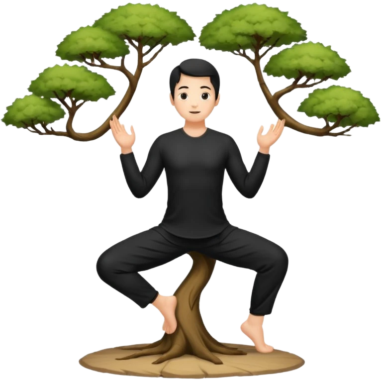 pratiquant de qi gong en position de l'arbre, en tenue noire ou blanche emoji
