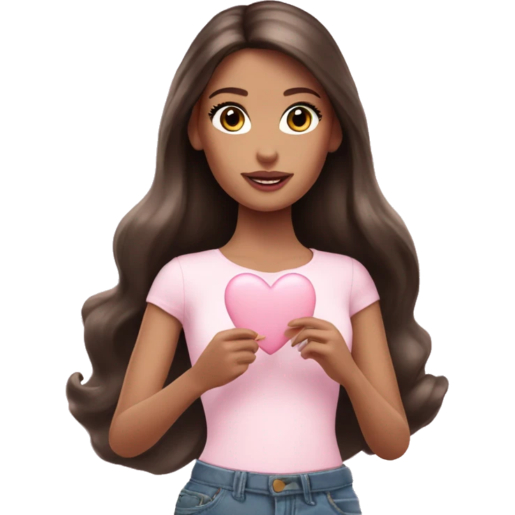 Brunette Barbie girl holding pale pink heart  emoji