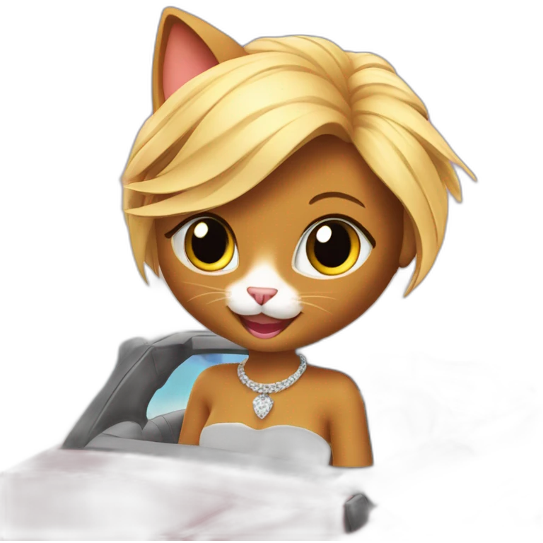 A glamorous cat is riding a convertible car on the beach emoji