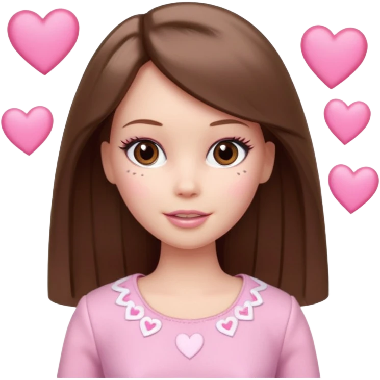 Barbie girl and  makeup , brown straight hair and brown eyes is In pale pink clothes There are pink hearts all around emoji
