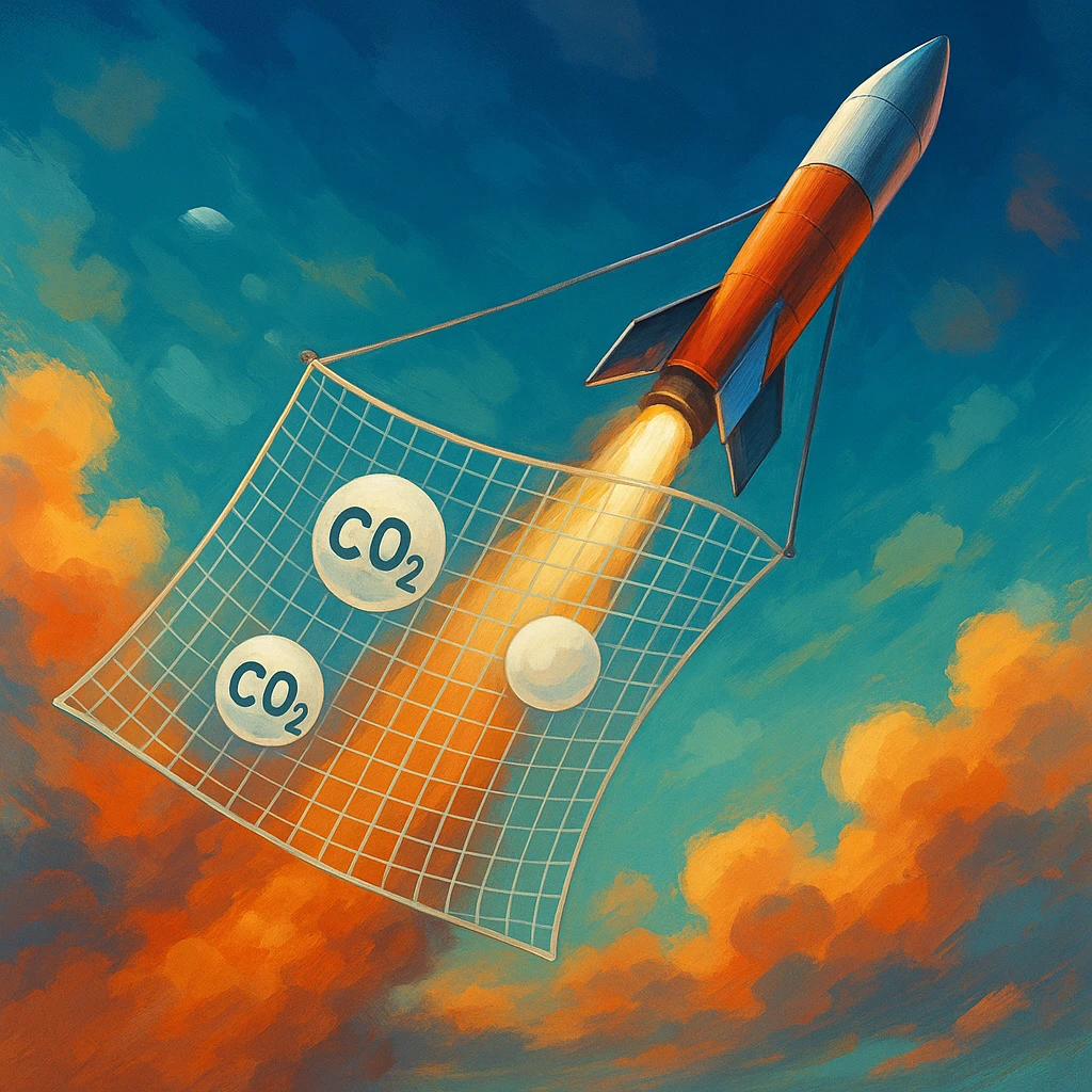 a rocket flying through the atmosphere, dragging a micronet behind it, the net is catching CO2 particles from the air, dynamic scene, vibrant colors, semi-realistic style emoji