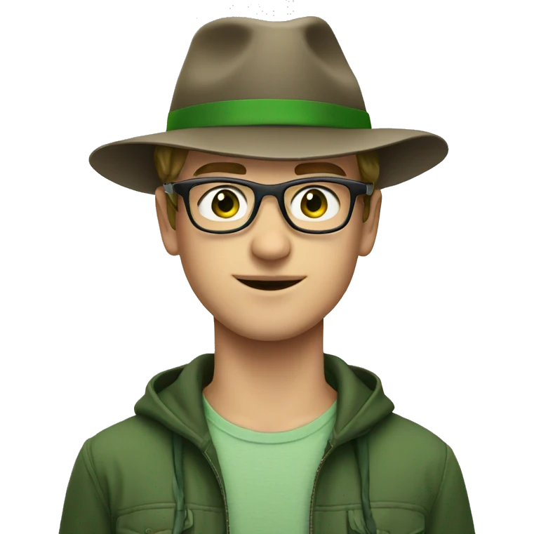 young white man with green eyes in hat and glasses emoji