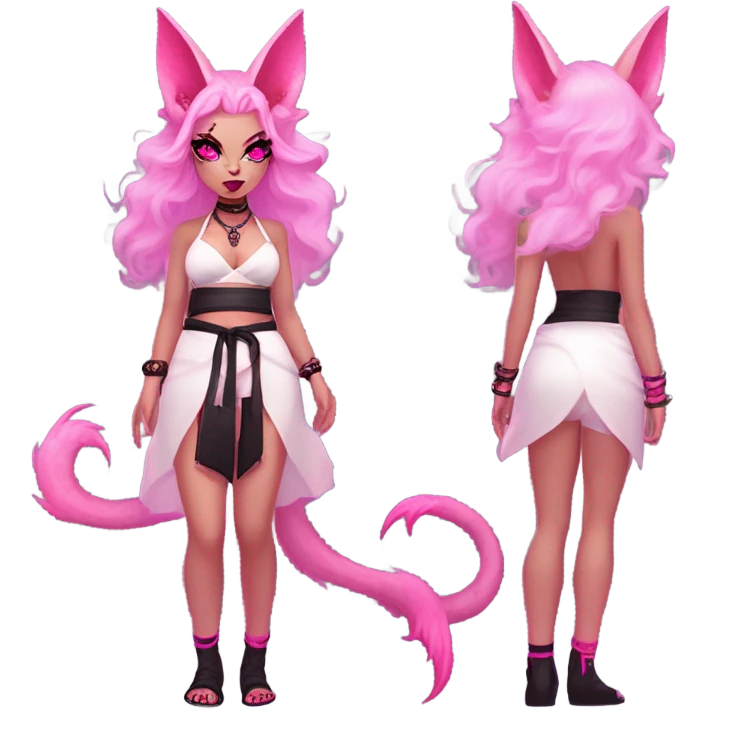 Full body female, succubus kitsune, neon pink eyes, vibrant pink hair, alabaster skin, fluffy black tails, pink tail tips, spiked choker, unique heritage, seductive charm, rebellious spirit, traditional kimonos, spiked anklets, and Barefoot 
 emoji