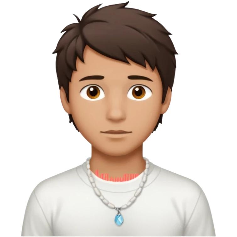 create an emoji of a young man. he has a surfer look, with short messy dark brown hair, brown eyes, tanned skin, natural lips. he wears a white tight shell necklace with a white shirt emoji