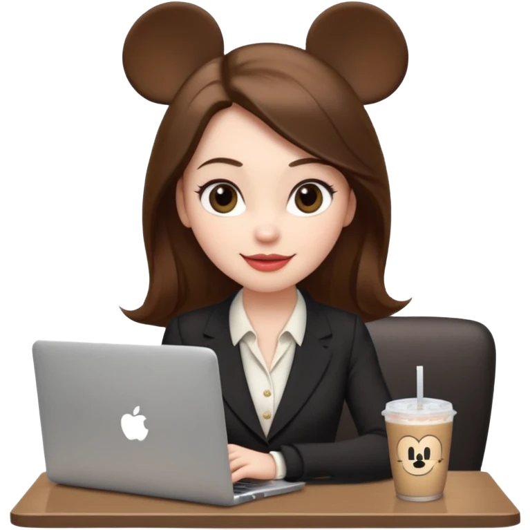 Women in front of one laptop that has a Mickey sticker on it, with a happy face, face a little fuller, lips plump, full eyebrows, long brown hair, light brown big eyes, light pale skin with a iced coffee on the side, business attire, who is typing emoji