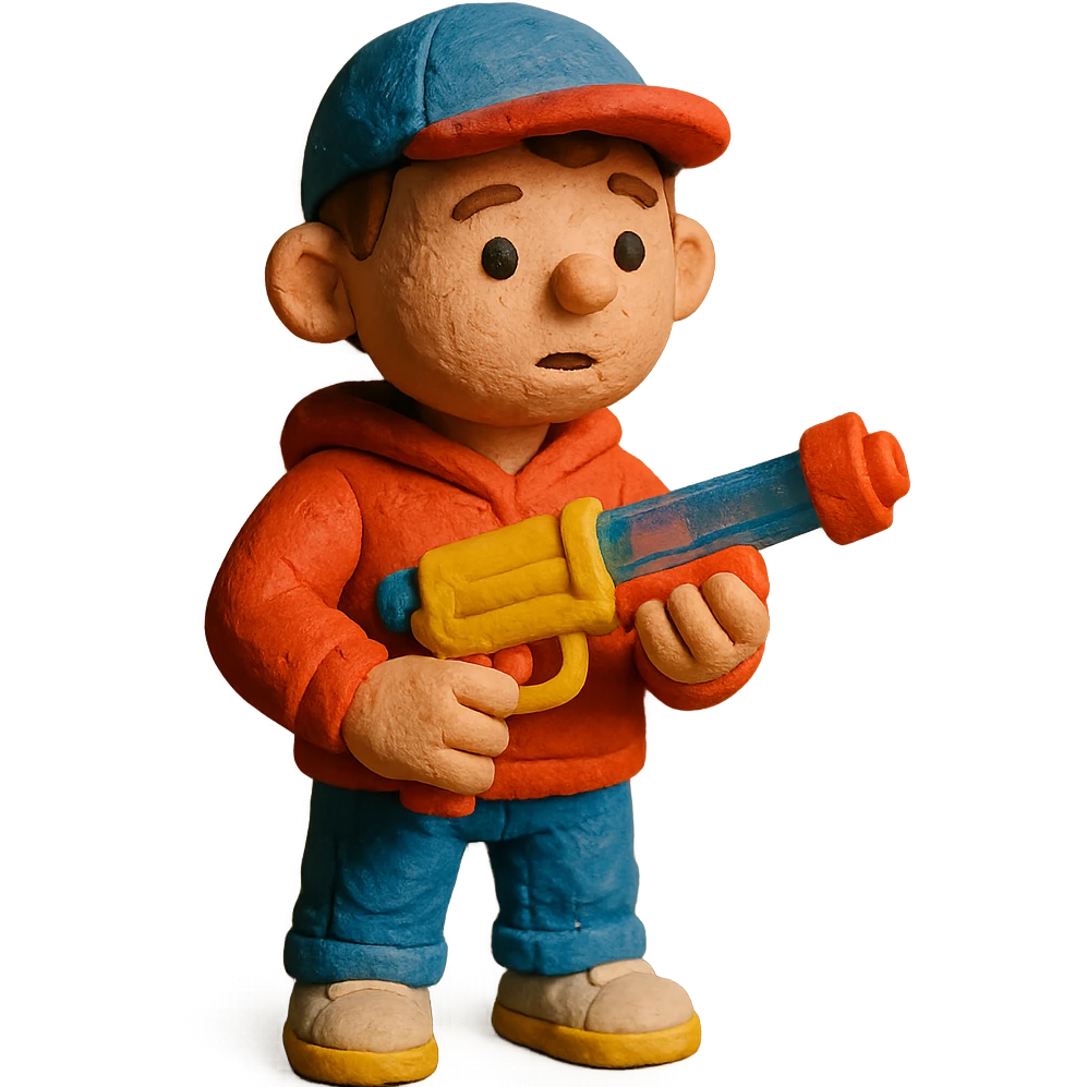 claymation style little white kid in urban clothes, holding a playful toy gun emoji