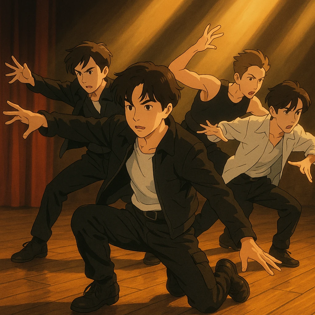 a kpop group, dramatic lighting, dynamic dance move, ghibli style emoji