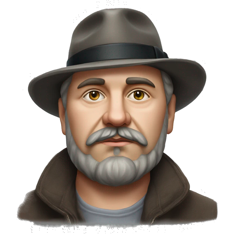 Russian writer Alexander Kuprin Photorealism A plump serious man of Slavic appearance with Small eyes with goatee beard and mustache, with a  short haircut, big detailed face, wrinkled face, wearing a fedora hat emoji