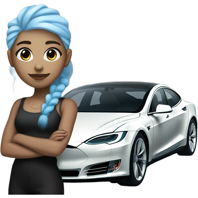 white skin girl with blue hair in black clothes standing next to tesla car emoji