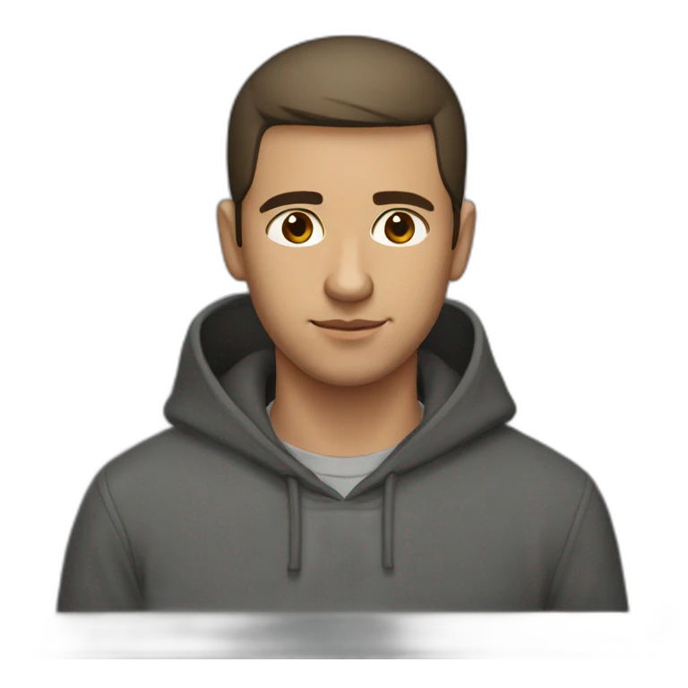 A Russian guy with a short haircut like a drake, brown eyes and a dark gray hoodie emoji