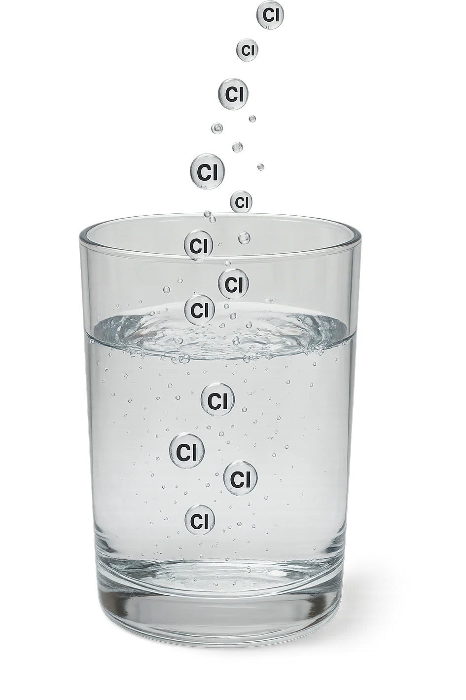 un bicchiere di acqua realistico e dettagliato fluttua in aria, dentro l'acqua del bicchiere ci sono particelle di cloro ben visibili con la scritta "Cl" sopra, ci sono particelle anche che escono dal bicchiere e fluttuano in aria verticalmente, mentre alcune sono all'interno dell'acqua nel bicchiere, iperrealistico 4k emoji