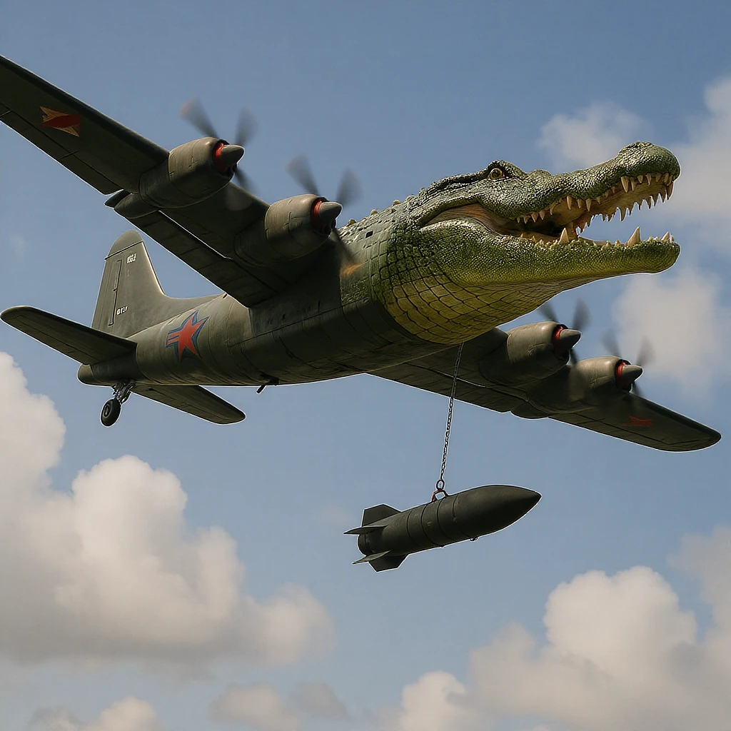 A bomber plane with a crocodile's head is flying and dropping a bomb in a surreal, edited image. emoji