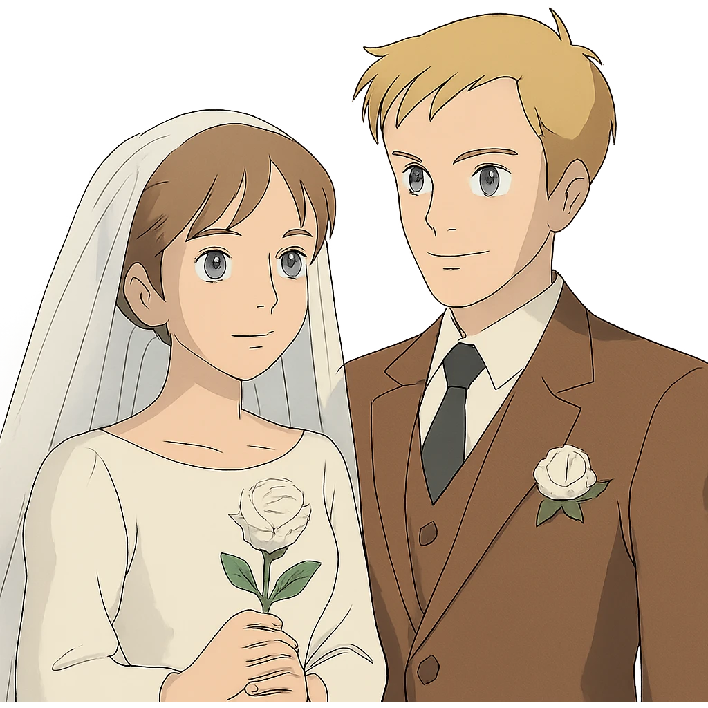 ghibli style portrait of a bride with light brown hair and grey-blue eyes, and a groom with blonde hair, blue eyes, wearing a brown suit emoji