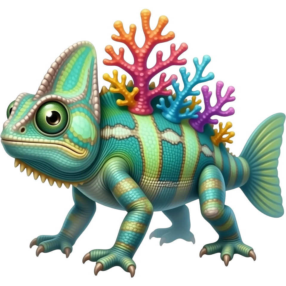 Coralisk A basilisk-like reef guardian with multicolor coral growths along its back, head, and legs, with shiny pearl-like eyes. It can shape hard coral barriers to defend its territory. Has fins to swim faster emoji