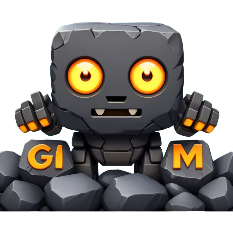 Rock creature with glowing eyes and 'GM' behind, featuring a blocky body of dark gray stones, orange-brown arms and chest patch, and seven glowing yellow eyes—three on the left, one in the middle, and three on the right—arranged on its head, with large bold 'GM' letters in the background.

 emoji