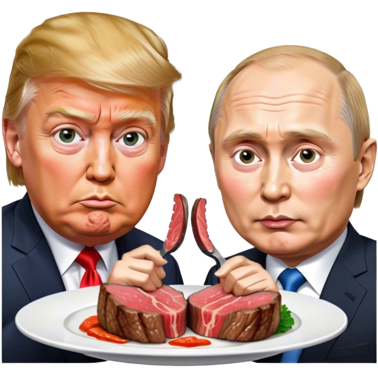 photorealistic Donald Trump and Putin eating a steak shaped like an piece of land emoji