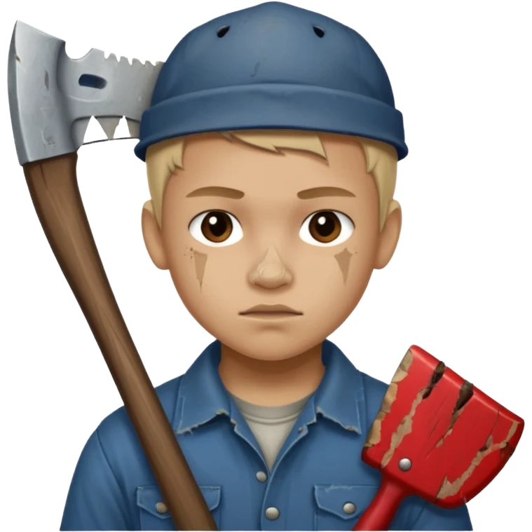 13 y/o Brian robeson at the beginning of Hatchet
distressed, has hatchet, small scratches on face, no blood on hatchet emoji