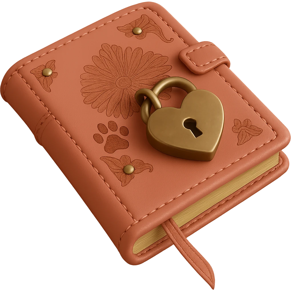 Add a small paw print to the pink leather-bound diary with heart-shaped lock. Keep the background transparent. The style should be realistic and detailed. emoji