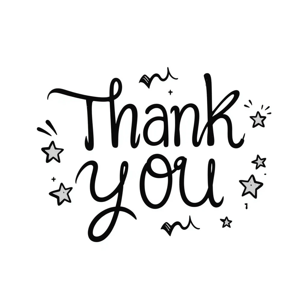 hand drawn 'Thank You' text with stars and swirls, doodle style emoji