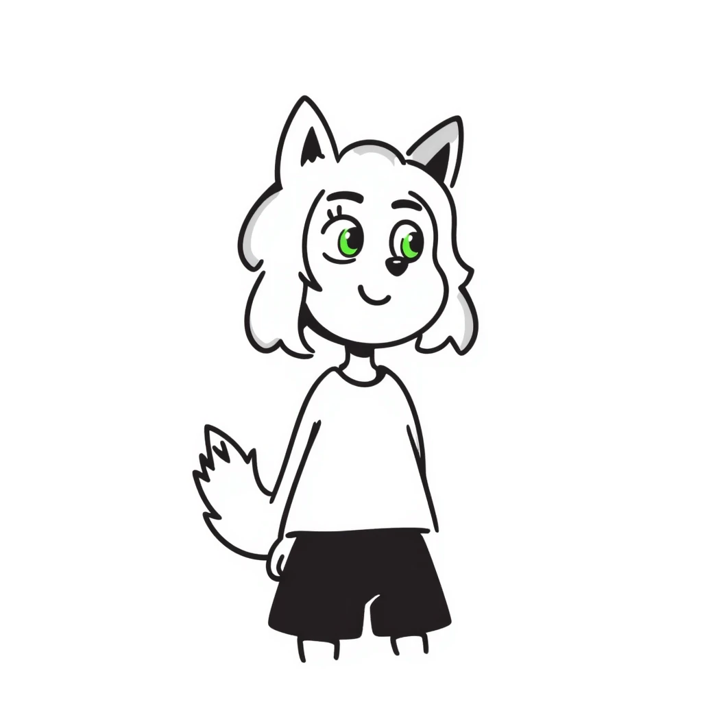 hand-drawn doodle style furry girl with wolf ears and tail, short blonde hair, green eyes, loves evening walks emoji
