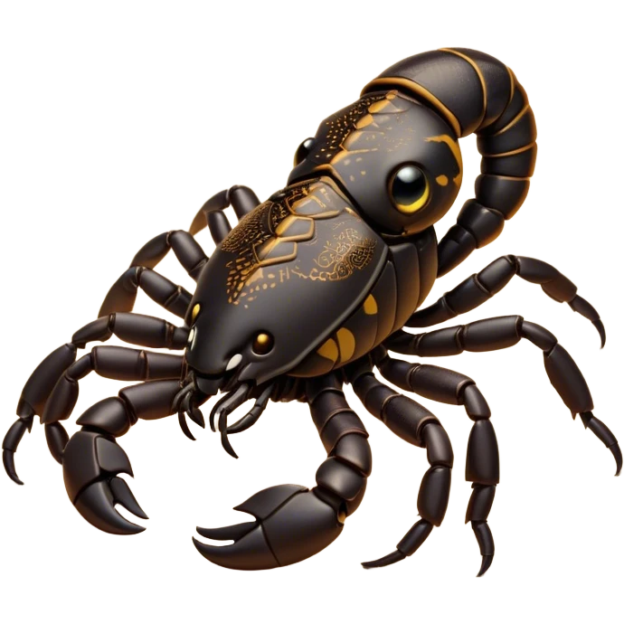 Cinematic Cute Emperor Scorpion Portrait Emoji, Head tilted playfully and inquisitively, with a compact, rugged build and a sleek, dark exoskeleton highlighted by delicate, intricate patterns and round, sparkling eyes full of curious defiance, Simplified yet irresistibly adorable features, highly detailed, glowing with a warm, friendly glow, high shine, affectionate and quirky, stylized with a touch of desert whimsy, soft glowing outline, capturing the essence of a mischievous yet endearing scorpion that feels like it could pinch its way out of the screen into your arms! emoji