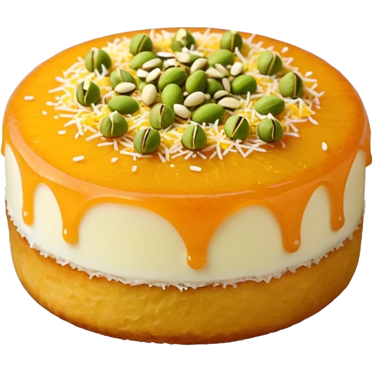 A small round emoji of traditional kanafeh with golden-orange crispy threads, a gooey white cheese center, and a light sprinkle of green pistachios. Warm and delicious-looking. emoji