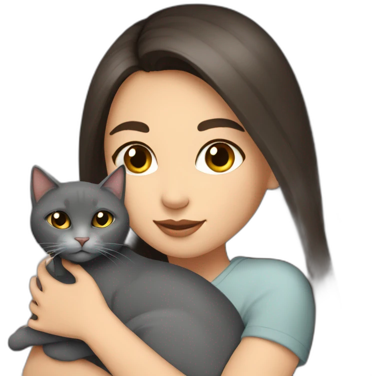 beautiful woman with dark long straight hair and brown eyes hugs a grey cat  emoji