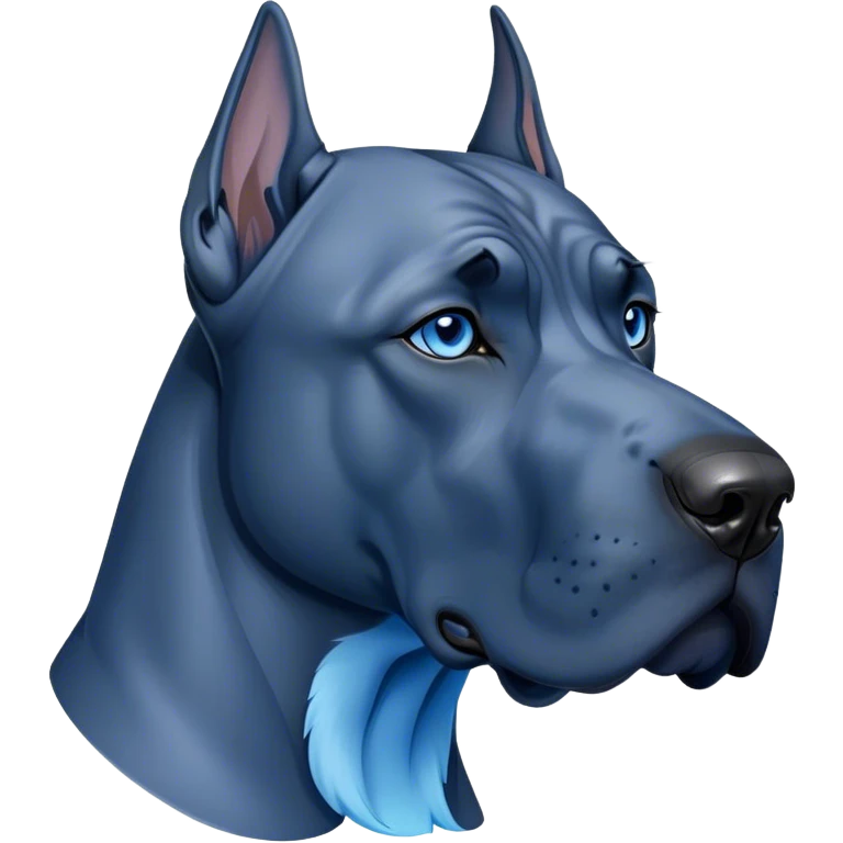 Cinematic Noble Blue Great Dane Portrait Emoji, Poised and regal, with a towering, muscular build and a sleek, well-groomed deep blue Fur, deep-set soulful steel-blue eyes, Simplified yet sharp and sophisticated features, highly detailed, glowing with a cool, dignified glow, high shine, intelligent and commanding, stylized with an air of majesty, focused and attentive, soft glowing outline, capturing the essence of a watchful and authoritative guardian, so majestic it feels as though it could stride out of the screen with effortless authority! emoji