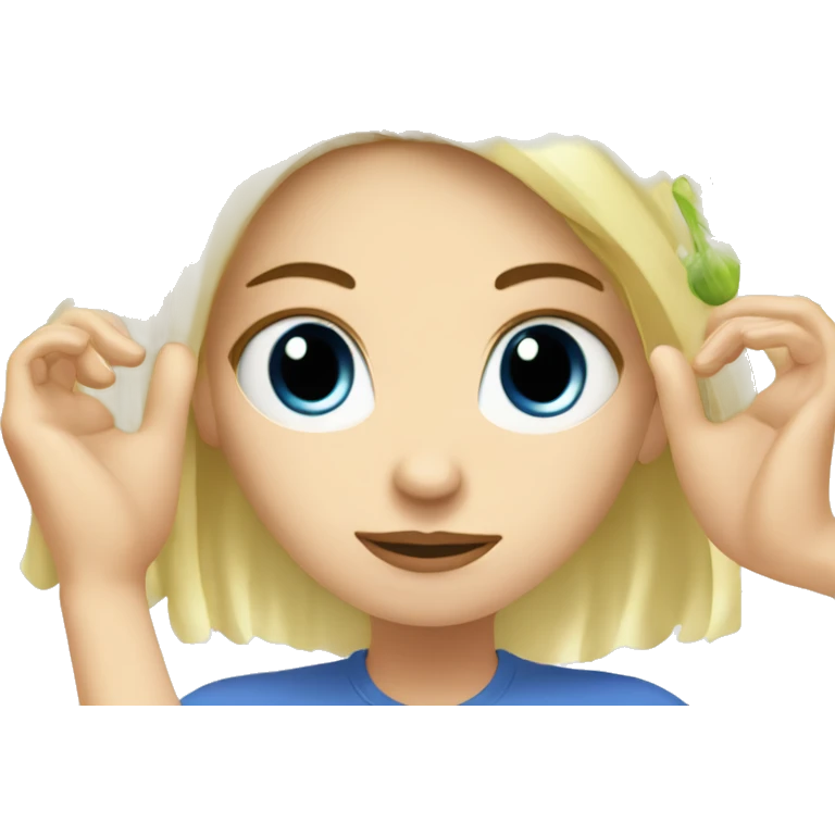 White girl, blonde, with blue eyes, rubs her head whith hands on which there are onion sprouts emoji