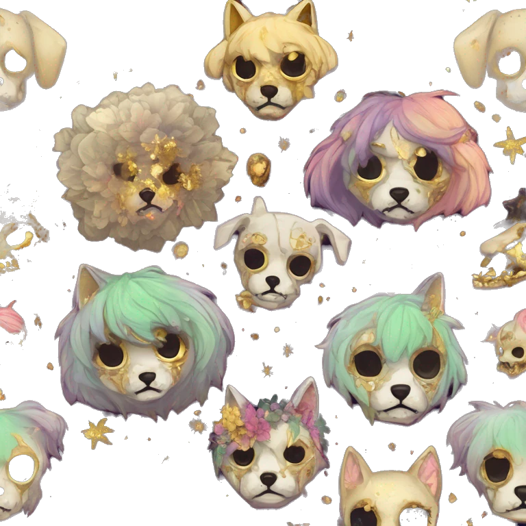 iridescent kintsugi fluffy zombie black brown gold dog fox head zombie skeleton gold mechanical nebula galaxy stars colorful flowers fairy lights vintage zombie emoji