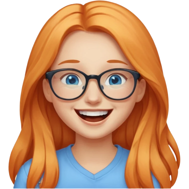 a girl with blue eyes, glasses and light orange long hair laughing emoji