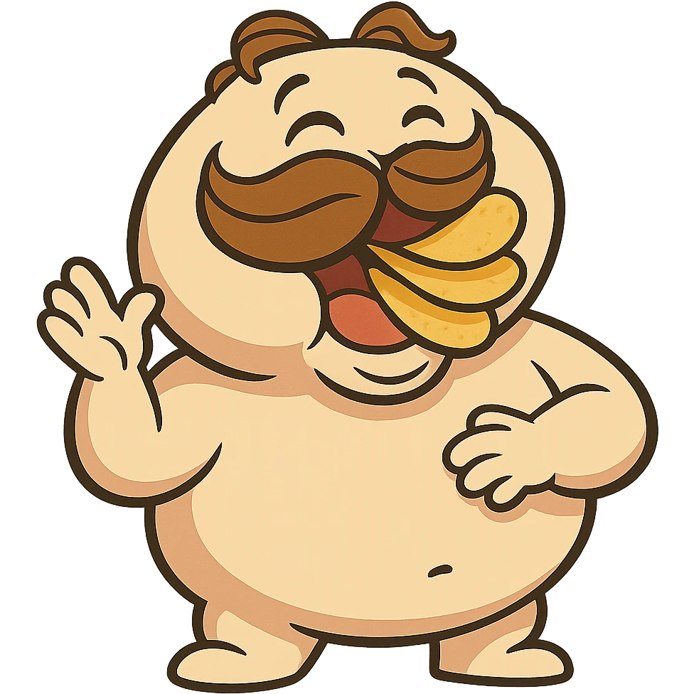 plump cartoon mascot with cheeks full of Pringles, joyful expression emoji