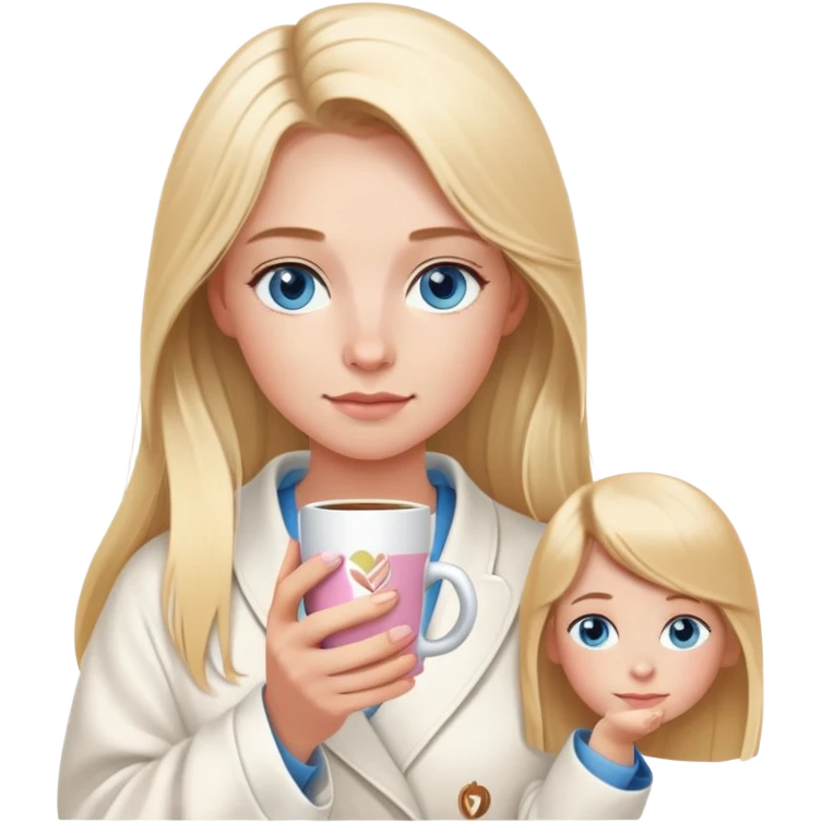 girl
blue eyes
long blond hair
wearing housecoat
holding a white mug of coffee that says mom
wearing rose gold apple watch  emoji