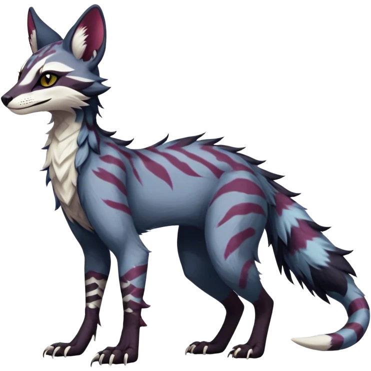 Feral Rare Fantasy dark vibrant Vernid-Sergal-Genet-Trico-species by LiLaiRa, random markings, tufted tail, tufted ears, full body emoji