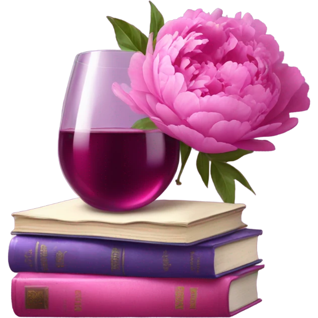 A violet  stack of books with deep pink peonies and a glass of pink wine emoji