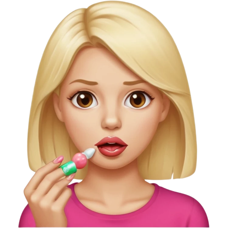 Elle fais une peu petasse, elle se mord le coin la lèvres. Elle est blonde. Ongles vernis marrons. Elle mâche un chewing-gum  emoji