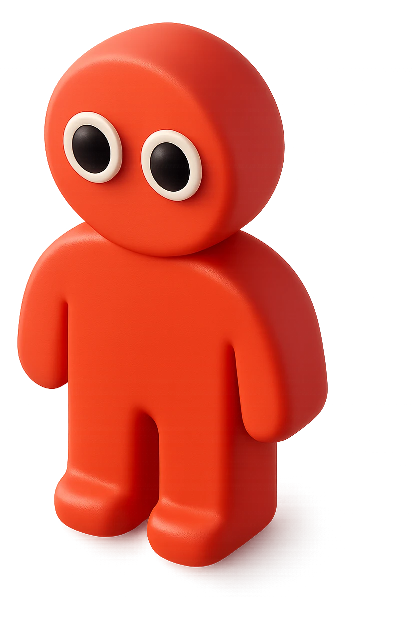 red humanoid with black eyes and white pupils, bold and graphic emoji