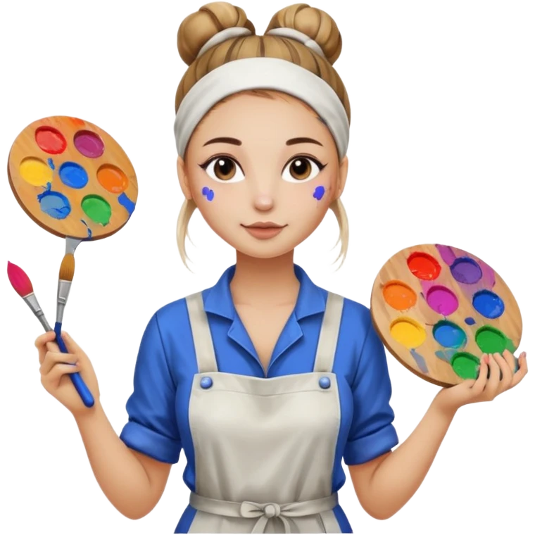 beautiful girl with a bun on her head in a jumpsuit with paint stains, holding a palette and a brush in her hands emoji