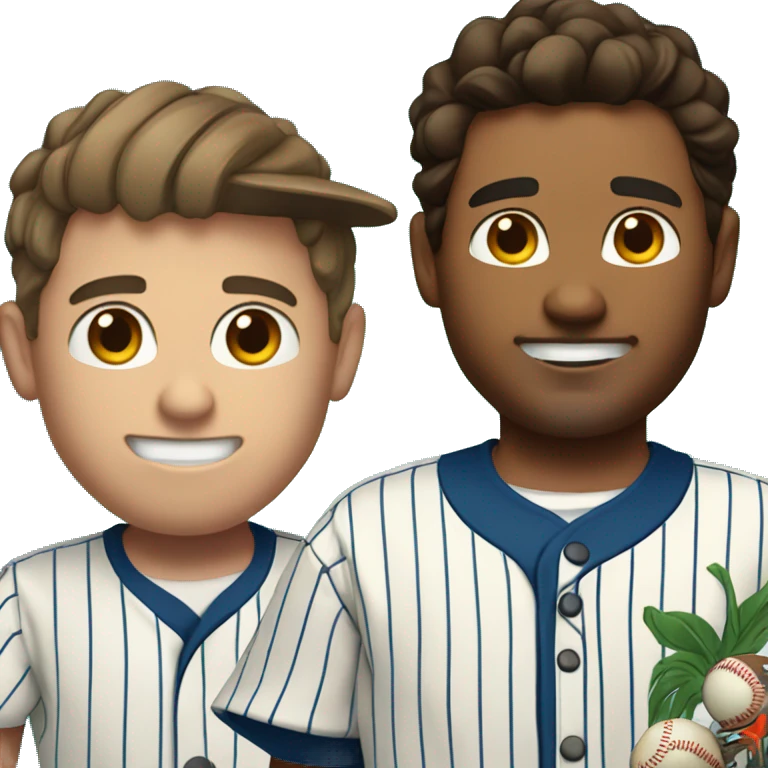 Man with brown hair in a Hawaiian shirt negotiates with a Latino baseball player wearing pinstripes  emoji