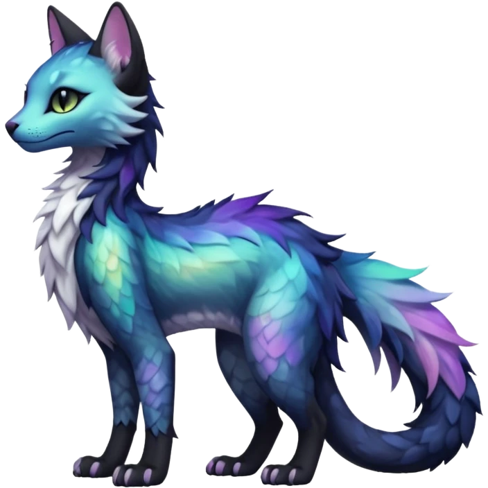 Kawaii black pastel iridescent beautiful pretty elegant divine edgy fantasy feline-vernid-sergal-fursona animal creature with a tufted tail full body with intricate markings  emoji