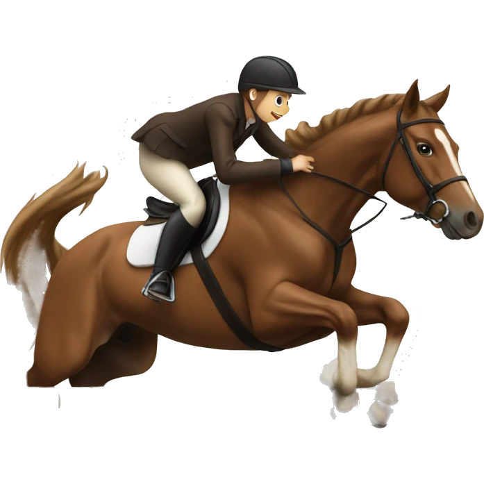 Brown horse jumping over jump with rider emoji
