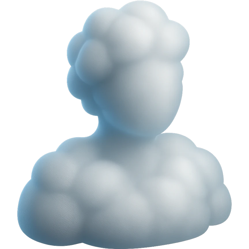 front view of a person made entirely of white fluffy convex clouds, shoulders visible, matte glass style emoji