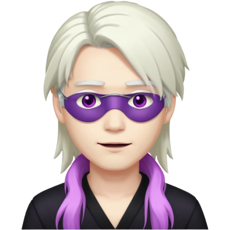 A young pale skinned Japanese man, with long free white hair. Purple eyes pink lips. Devious smile and an eyepatch emoji