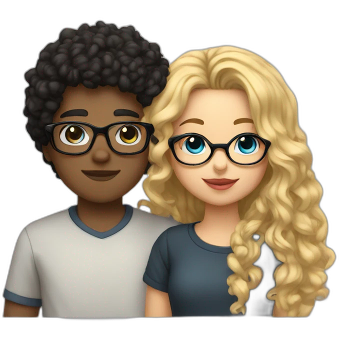 Boy curly blonde hair and glasses kissing girl wavy black hair and glasses emoji